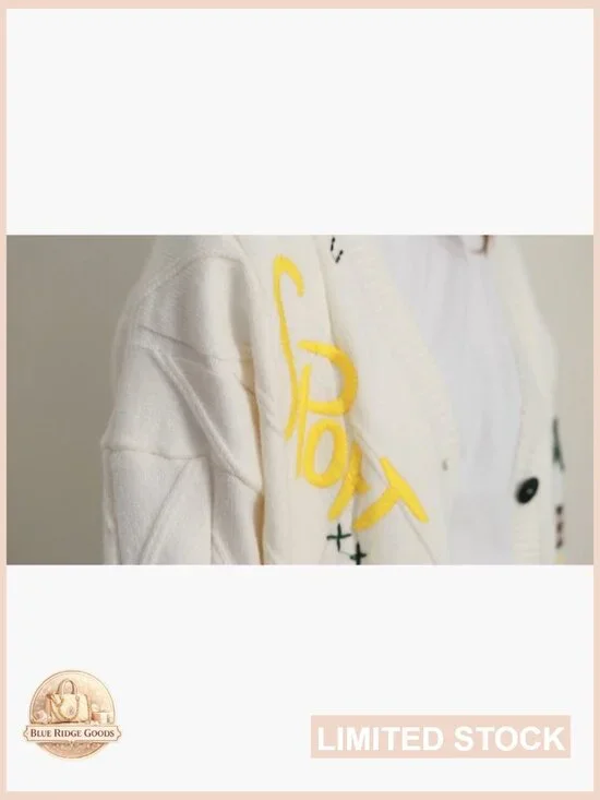 Chunky Knit Cardigan V-Neck Open Front Embroidery Loose Fit Y2K Chic - Picture 7 of 7